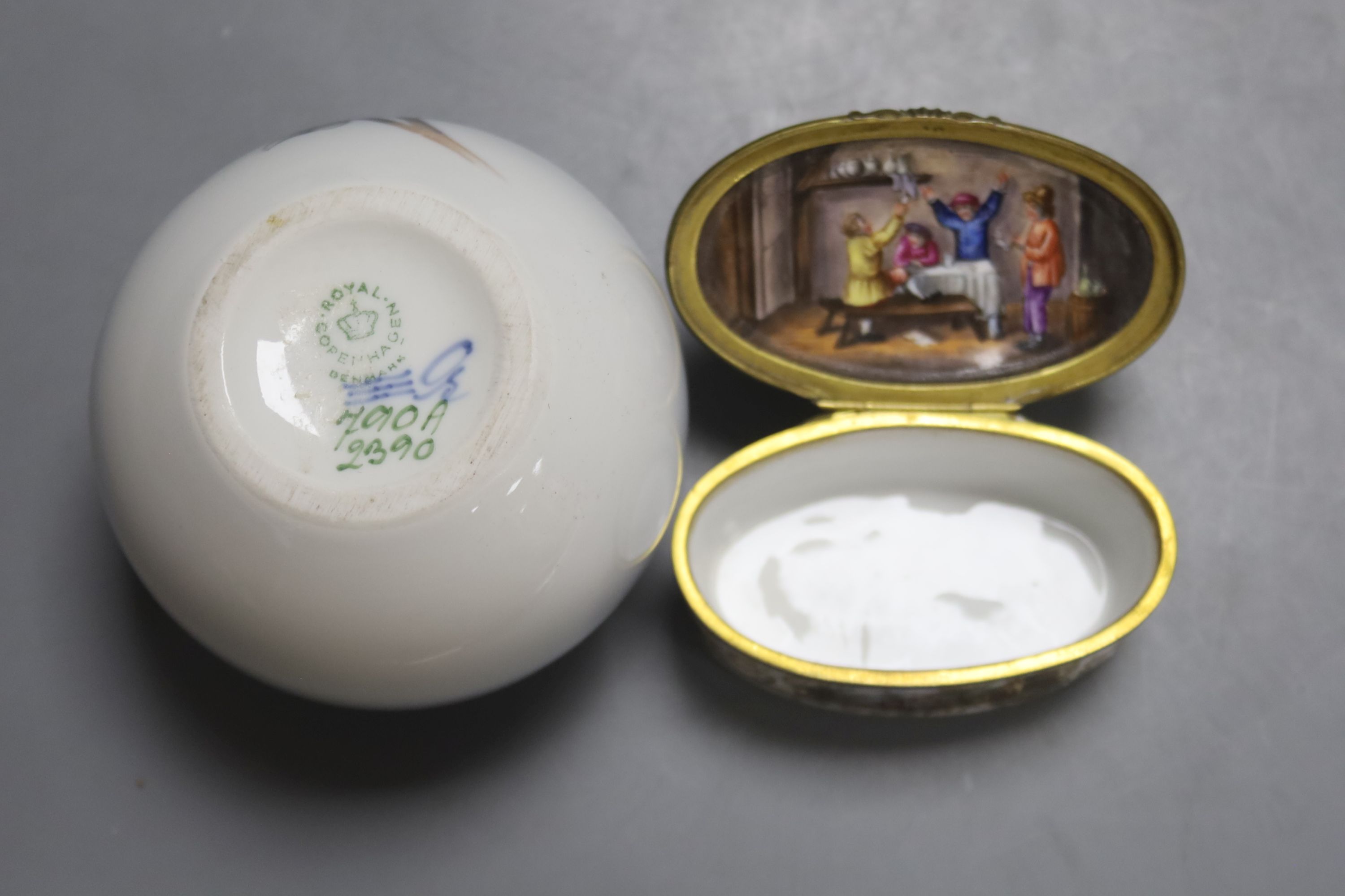 A Meissen style porcelain trinket box, a Royal Copenhagen vase, 9cm high, a cherub vase, 25cm high, and a pair of Chinese cloisonne enamel vases, 13cm high